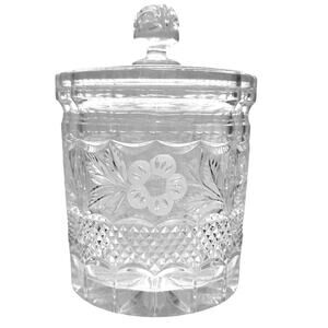 Heavy Lead Crystal Vintage Biscuit Jar Matching Lid-Diamond Point/Floral Design!